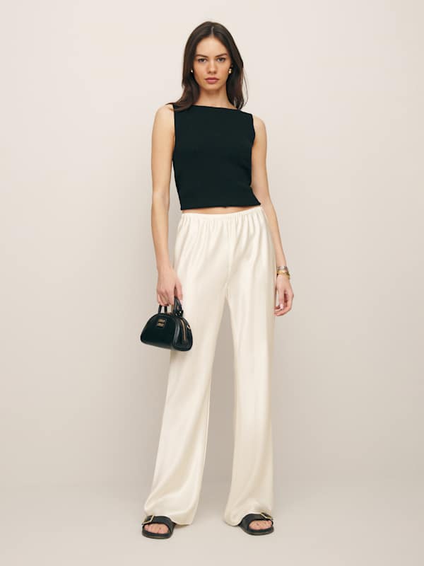 Pantalon à taille mi-haute en satin coupé dans le biais Gale - Fior Di Latte